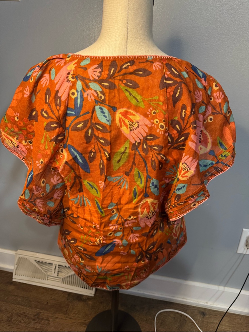 Daniel Rainn Orange Floral Linen Cotton Button-Front Blouse Flutter Sleeve Med - Picture 10 of 10